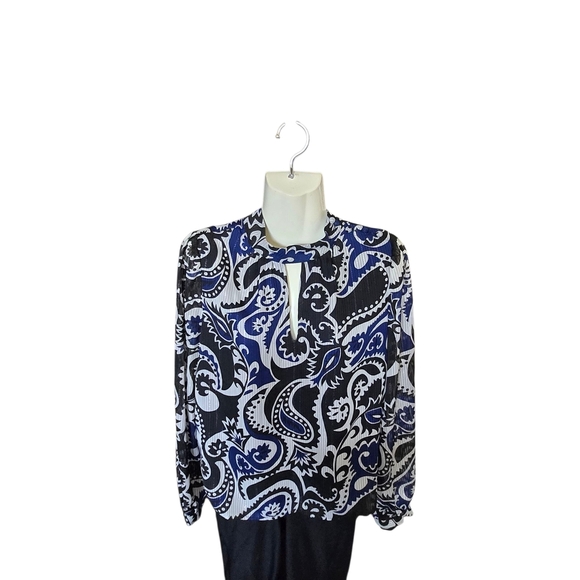 LOFT Black and Blue Patterned Blouse - Picture 1 of 8